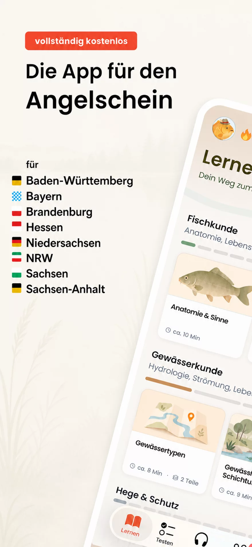 Startbereich der Angelmeister-App mit Lernfortschritt